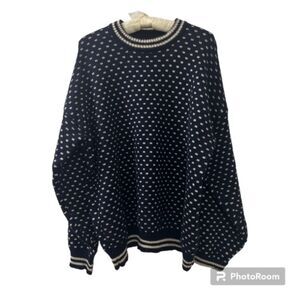 Navy Blue White Crew Neck Ribbed Hem Oversized Womens Pullover Sweater Sz XL/2XL